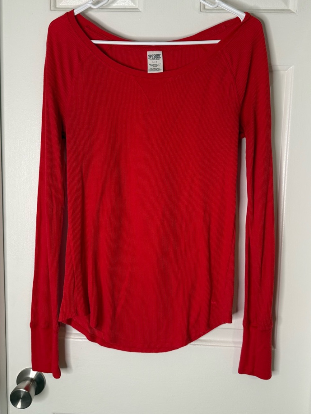 PINK Victoria's Secret Red Long-Sleeve Waffel Knit Ribbed Tee